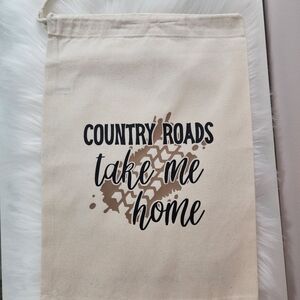 Tote Country Roads "Take Me Home" Canvas Drawstring Bag  Neutral Script Handmade